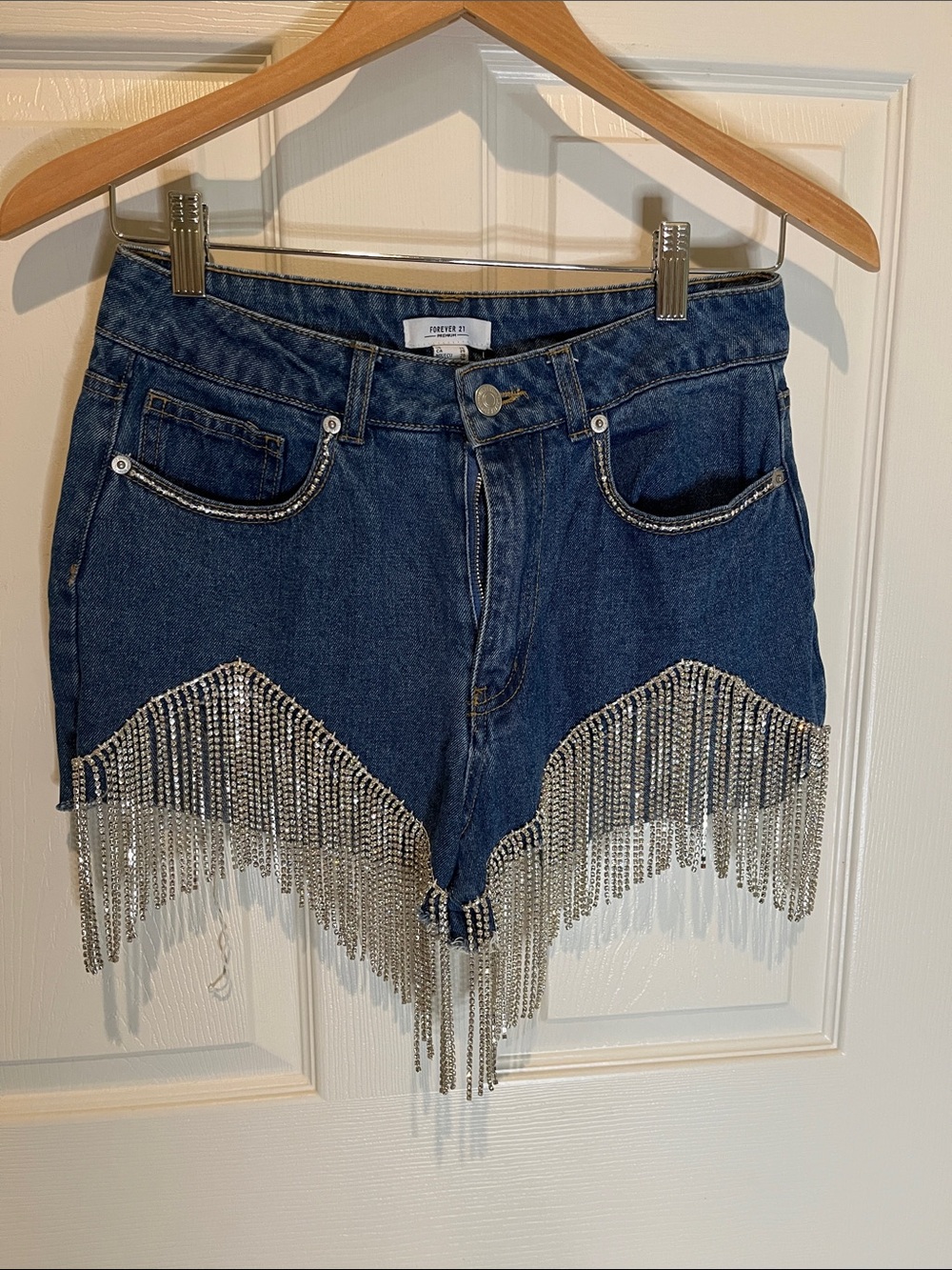 Forever 21 Dark Blue Denim Shorts with Silver Rhinestone Fringe